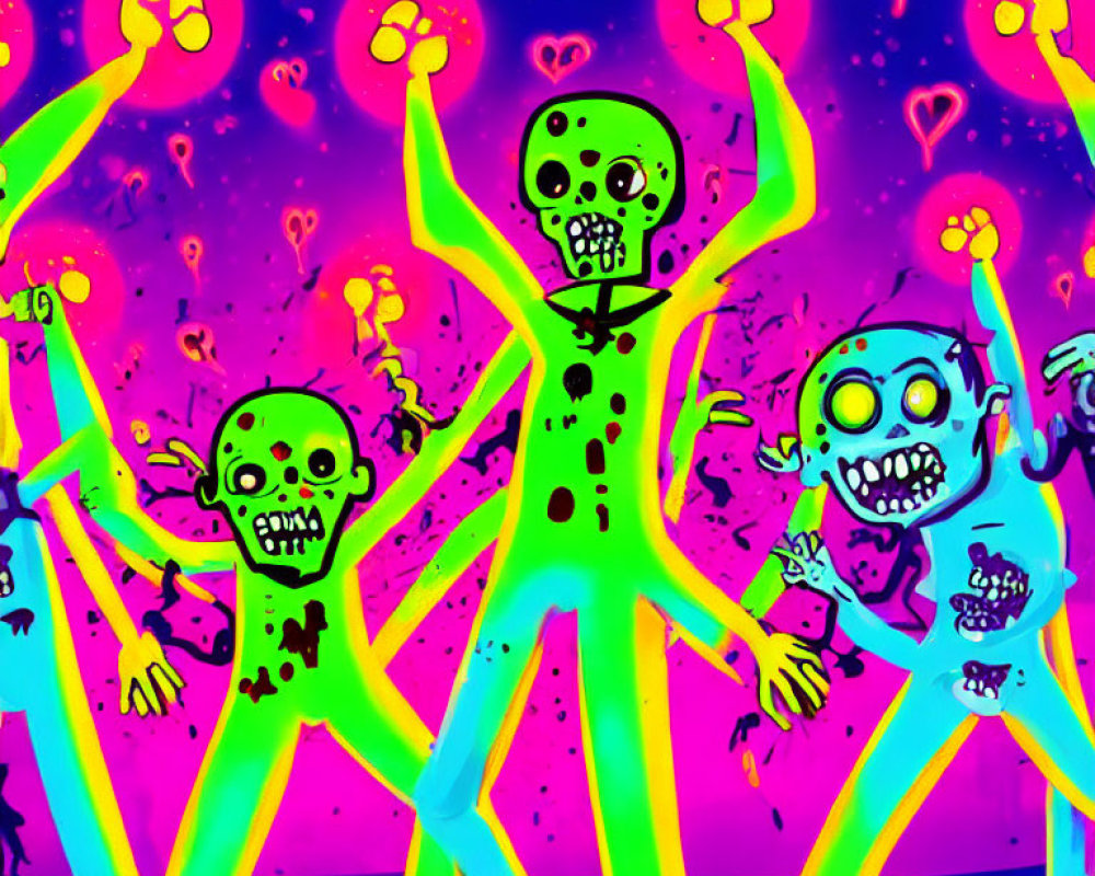 Colorful Cartoon Skeletons on Neon Pink and Blue Background with Hearts and Exclamation Marks