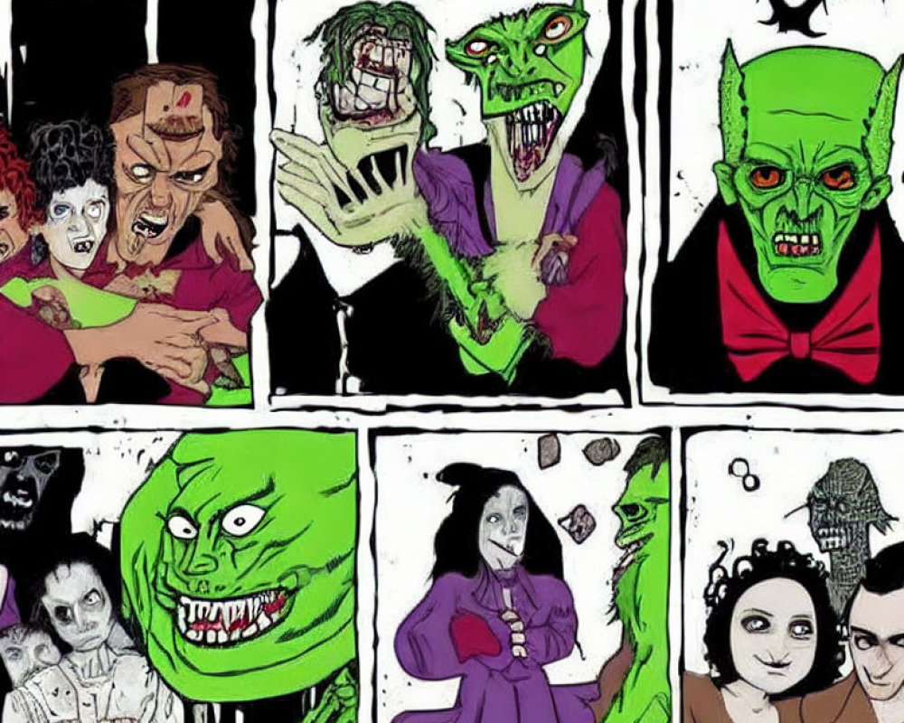 Six-panel comic strip with zombies and monsters in romantic, humorous scenes