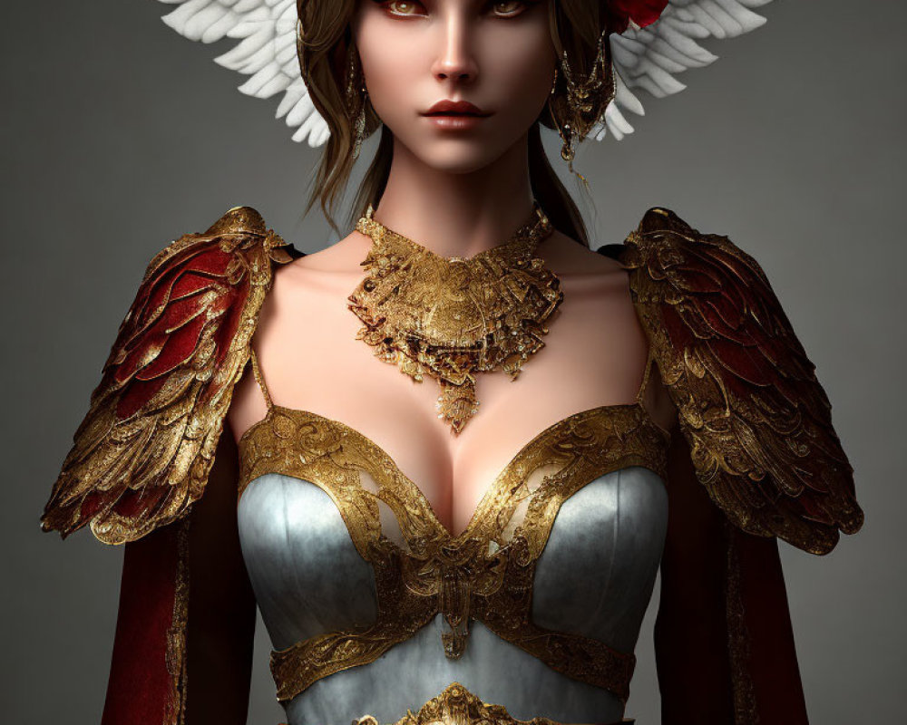 Digital art portrait of woman with angel wings in gold armor and floral details.