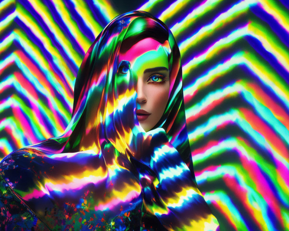 Captivating-eyed woman in holographic fabric on neon zigzag background