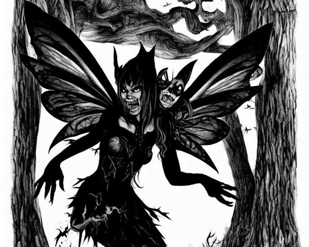 Menacing fairy and sinister creature in forest illustration