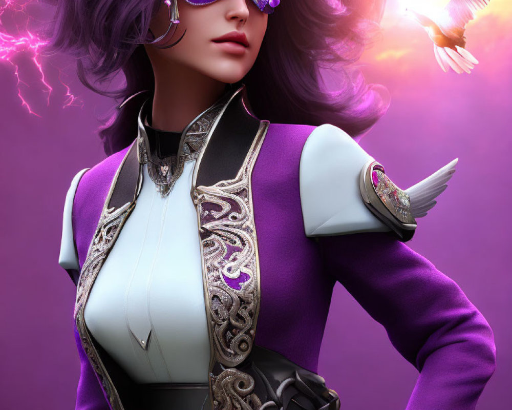 3D image of woman with purple hair, masquerade mask, purple and white jacket, g