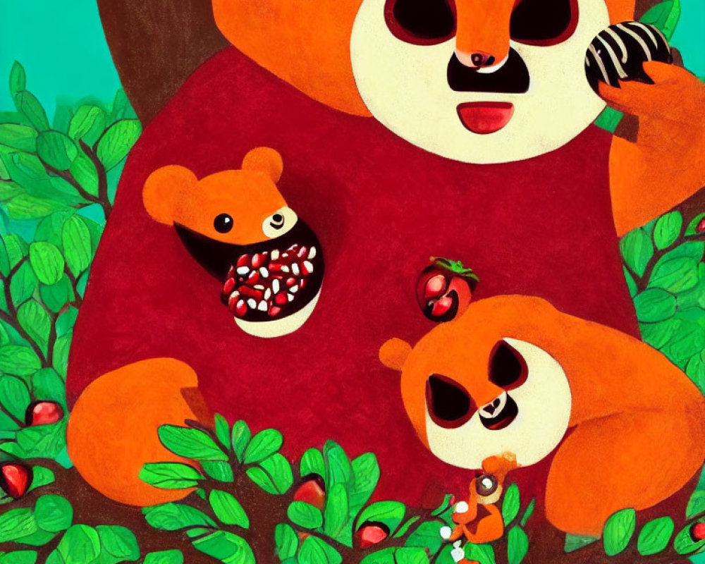 Three Cute Red Pandas in Colorful Forest Scene
