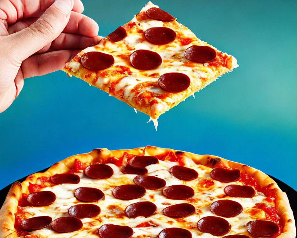 Cheese-Stretching Pepperoni Pizza Slice Held Above Whole Pizza
