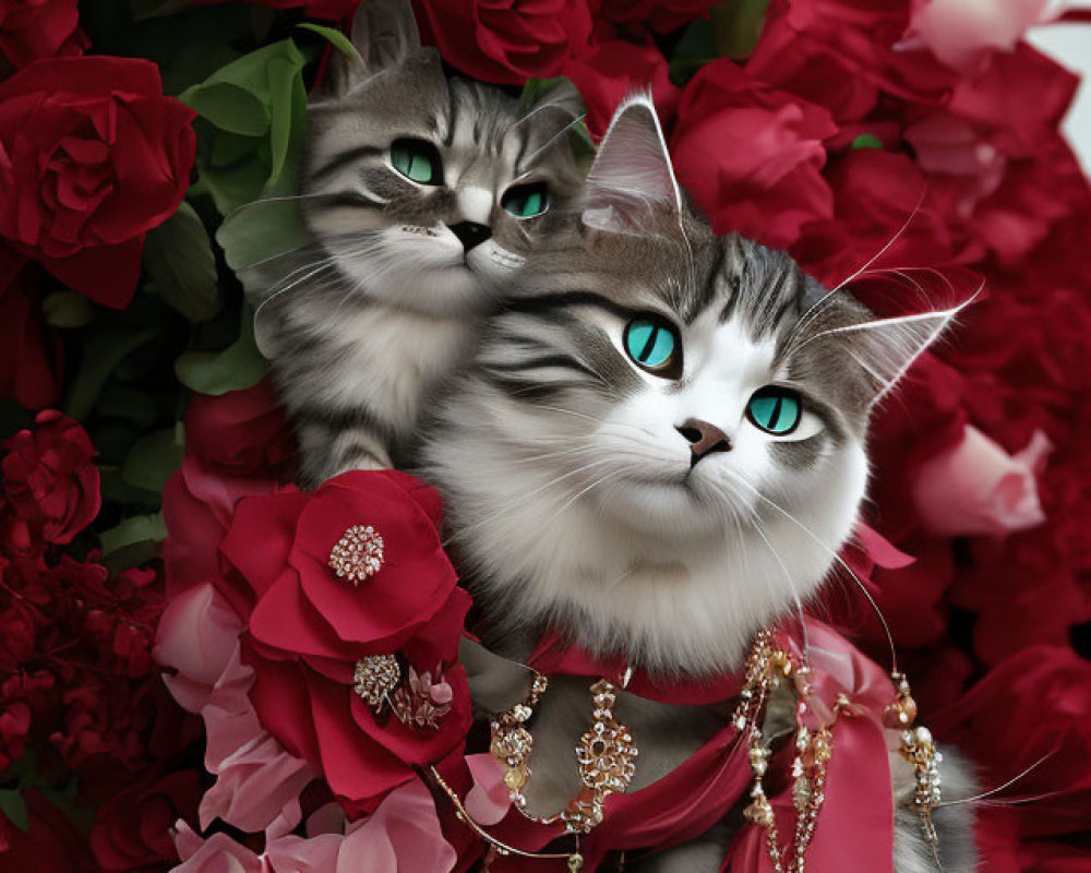 Elegant cats with green eyes, jewels, ribbons, red roses
