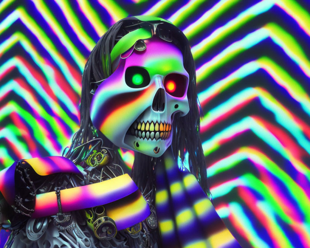 Colorful Psychedelic Skull Art on Vibrant Rainbow Background