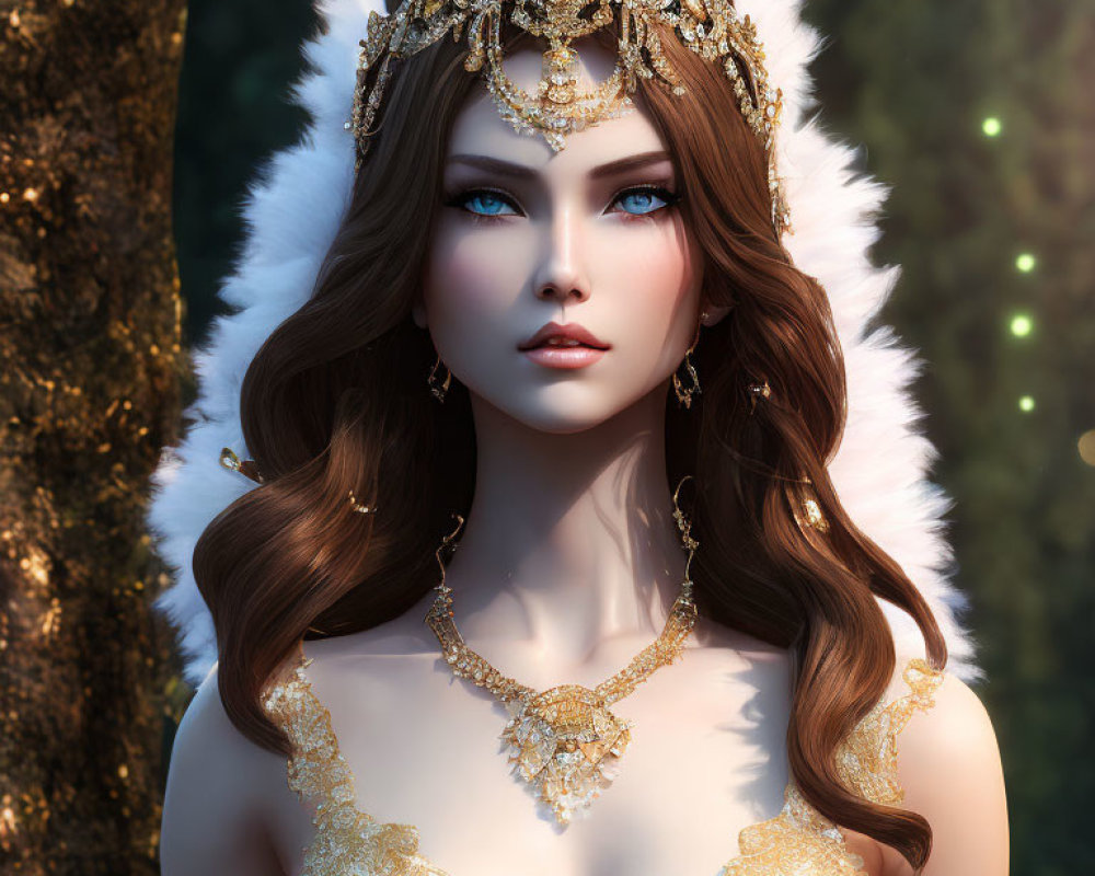 Digital artwork: Woman with blue eyes, gold jewelry, fur cloak in mystical forest.