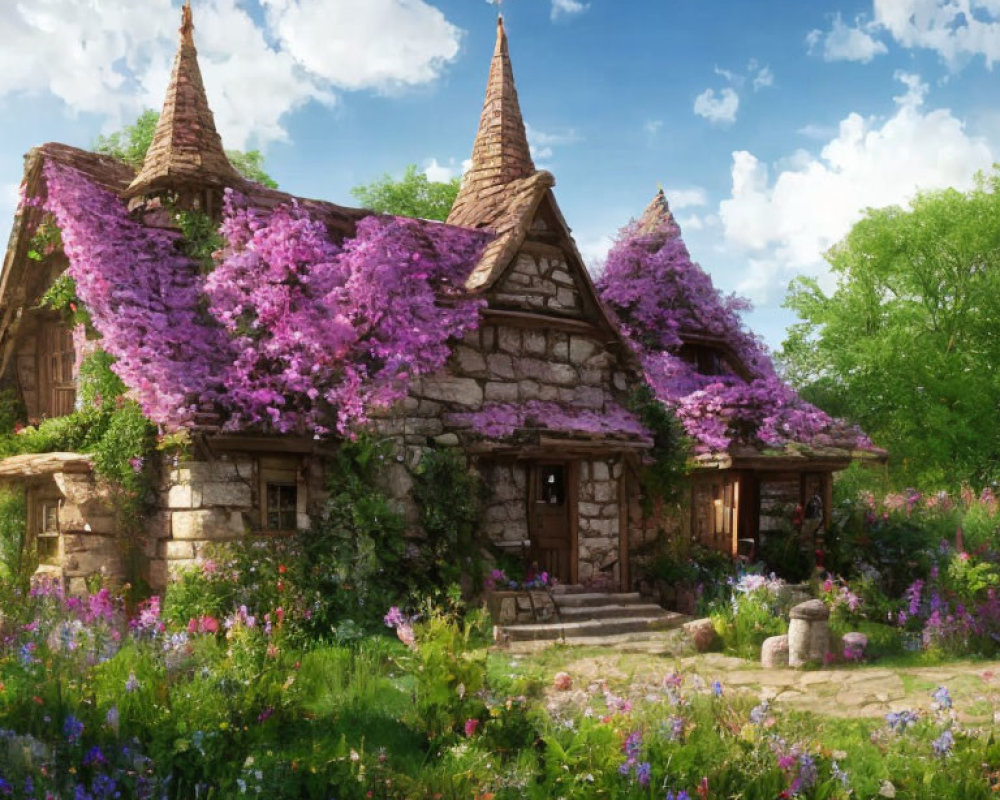 Thatched Roof Cottage Surrounded by Purple Flowers