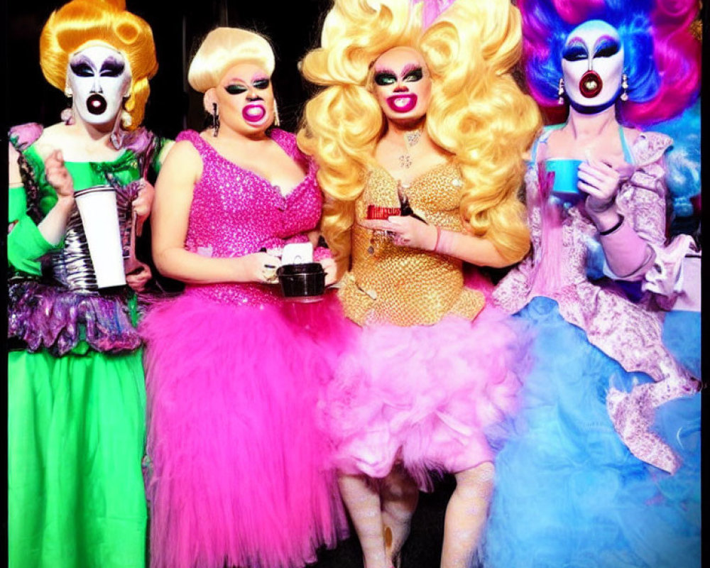 Four individuals in vibrant drag queen attire posing with drinks