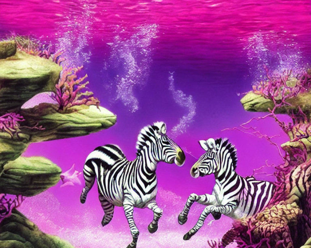 Zebras with coral-like stripes swim in pink-purple ocean.