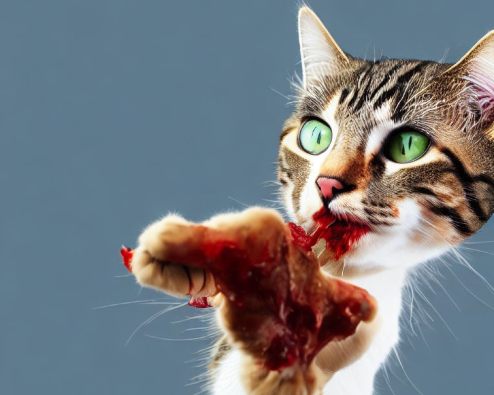 Domestic cat with green eyes pawing raw meat on blue-gray background