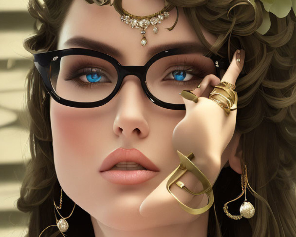 Portrait of woman with blue eyes, glasses, earrings, and floral headpiece.
