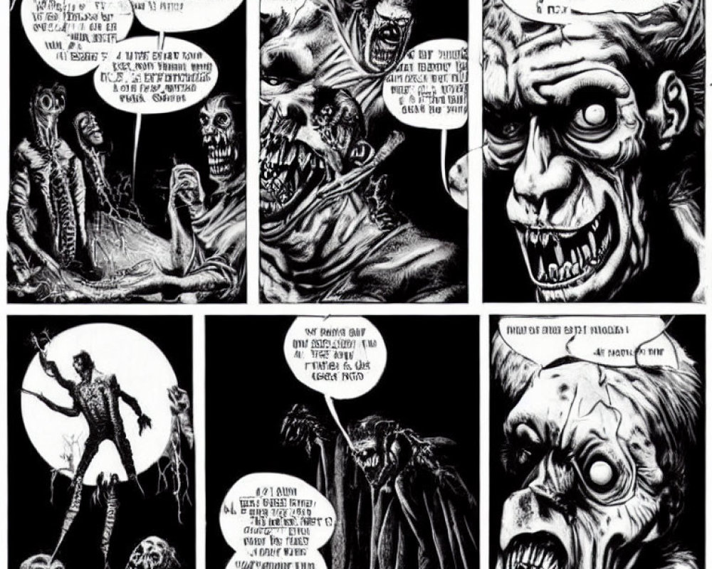 Horror-themed black and white comic strip with zombies and skeletons.