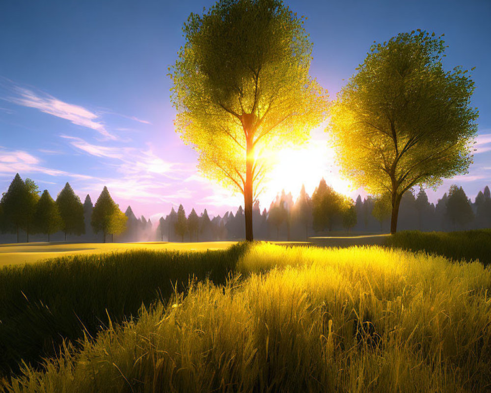 Tranquil meadow with two trees under golden sunrise