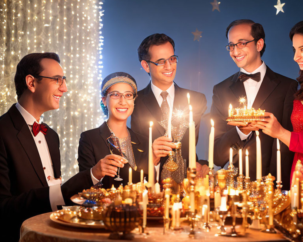 Elegantly Dressed Group Celebrating with Candles and Festive Decorations