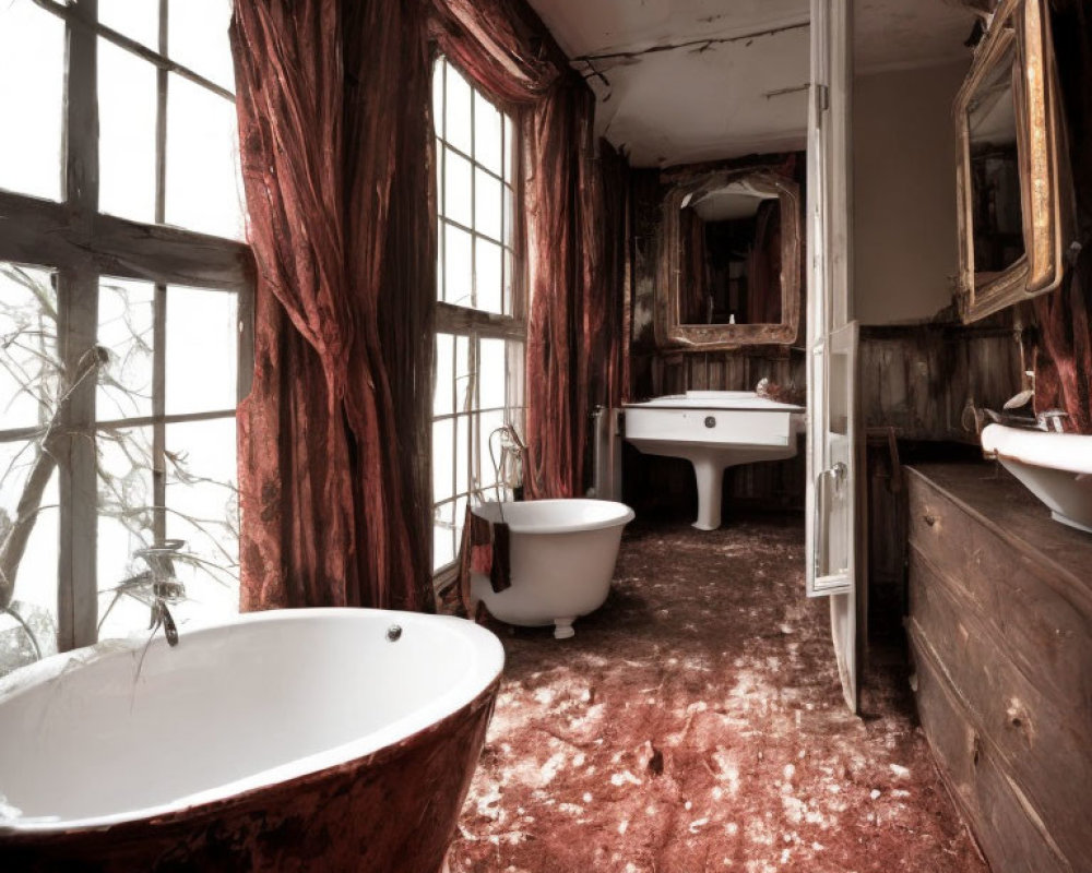 Abandoned bathroom with freestanding bathtub, pedestal sink, mirrors, red curtains, and debris-covered