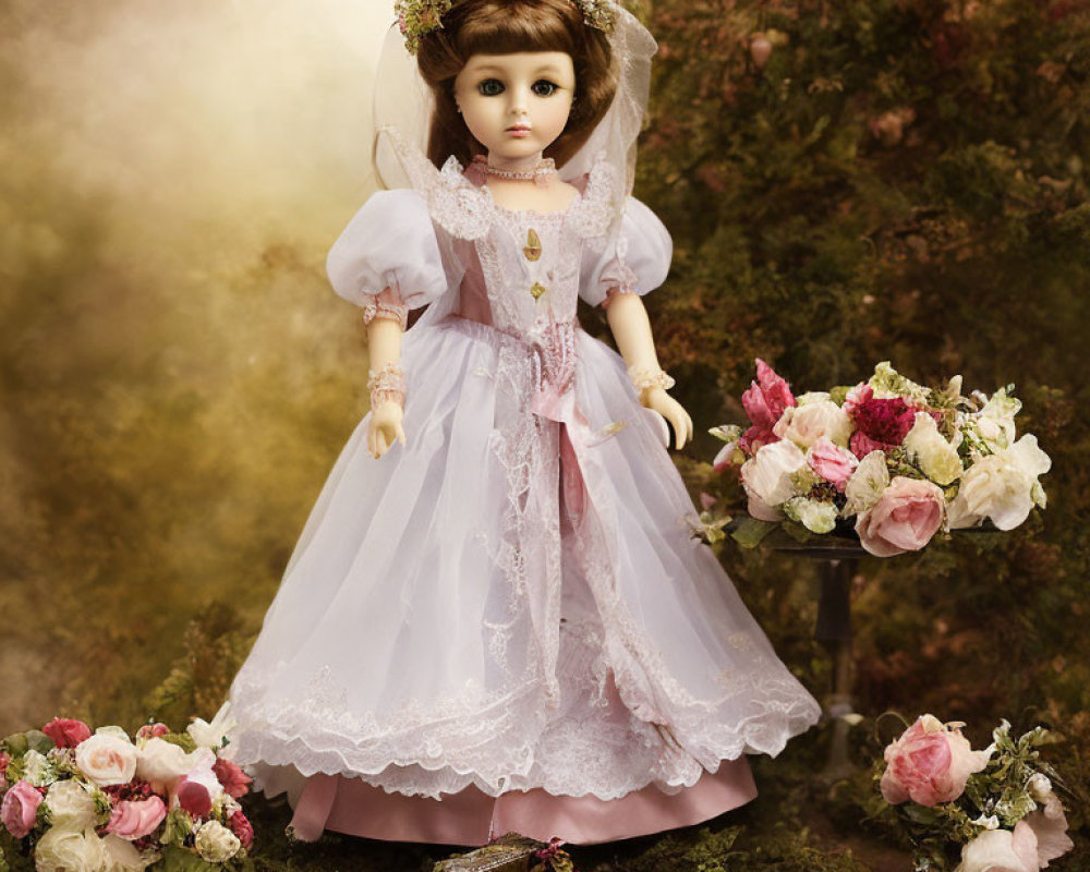 Vintage Porcelain Doll in Pink Victorian Gown with Roses