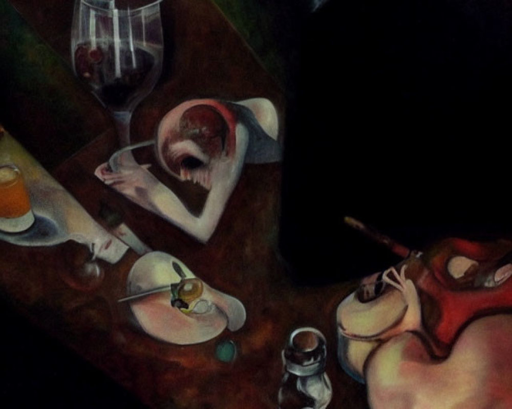 Dark, moody painting of table with wine glass, plate, cutlery, and abstract shapes