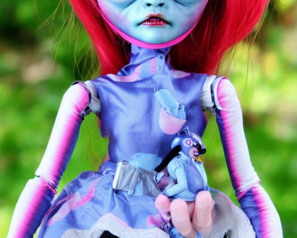 Gothic-style doll with red hair, blue skin, large eyes, blue dress, holding figur