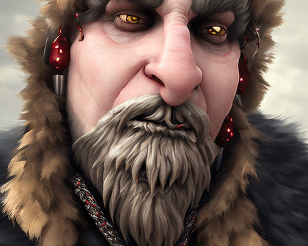 Detailed digital portrait: stern-faced fantasy character with fur collar, bushy eyebrows, full beard, red