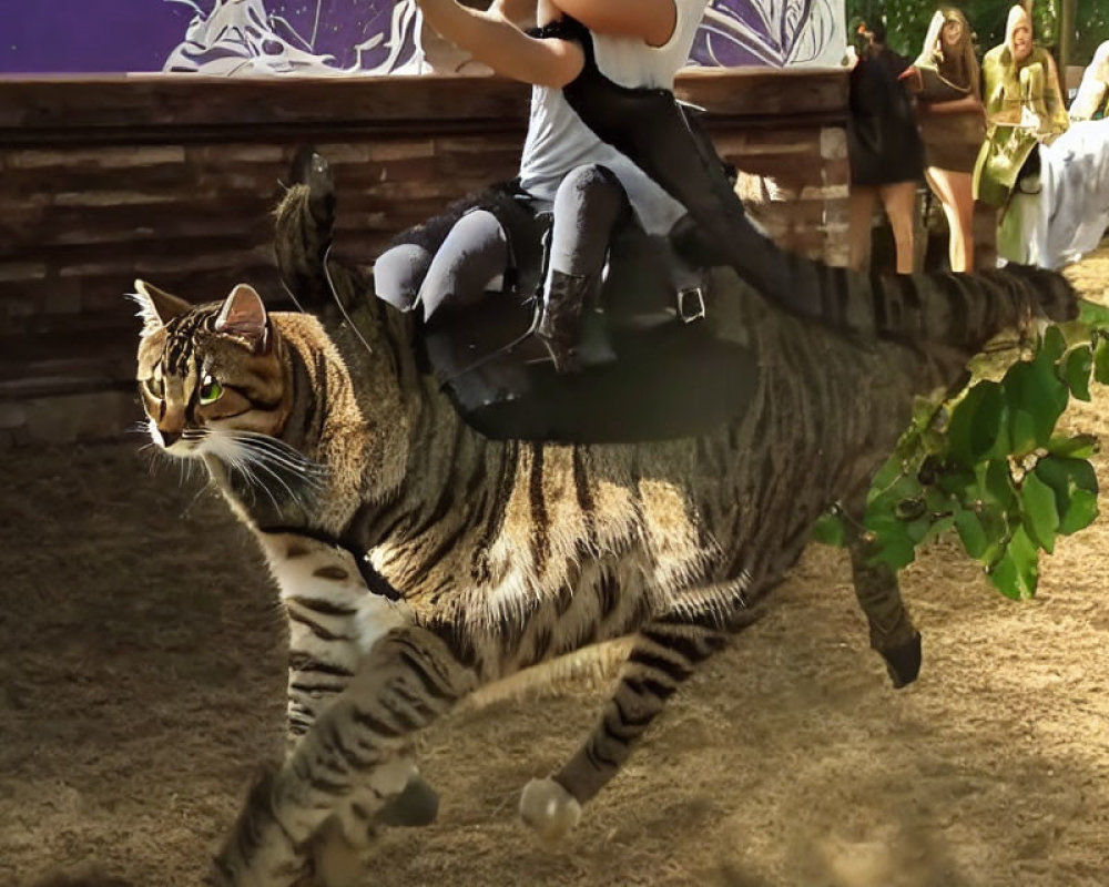 Distorted cat-human ride illusion at festival