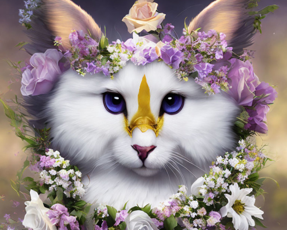 Fantastical white cat with flower crown and golden horn