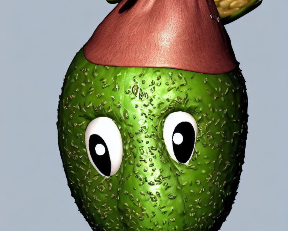 Green Avocado Character with White Eyes and Brown Stem Hat