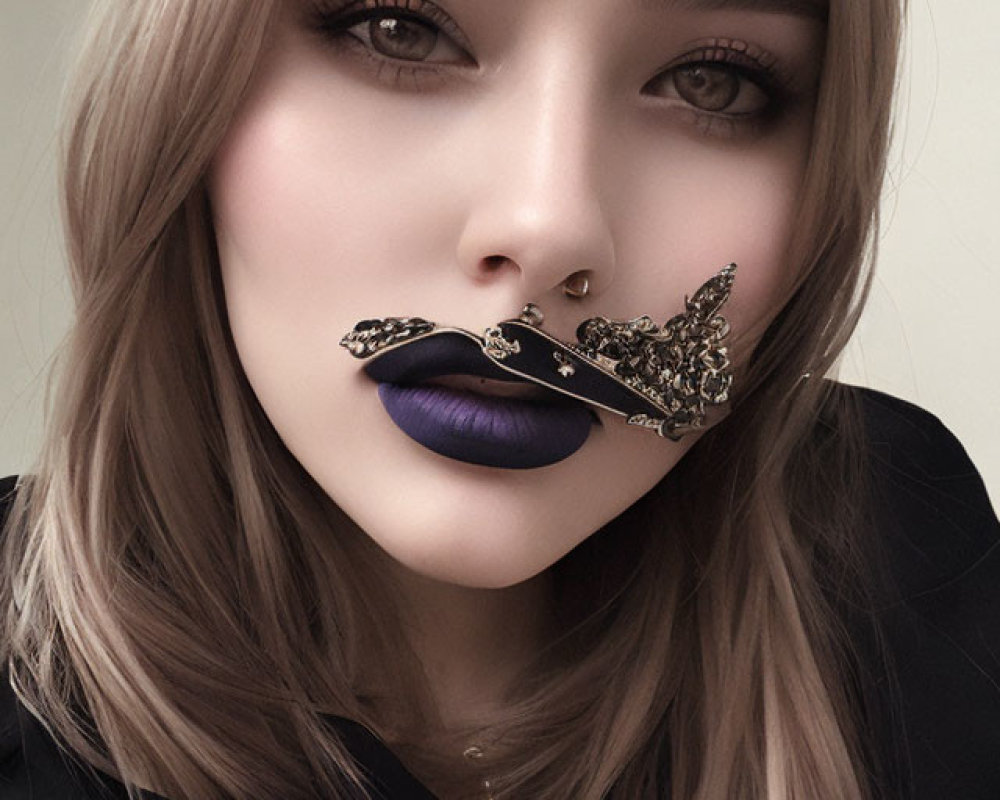 Blonde Hair, Bold Makeup with Dark Purple Lipstick on Decorative Nose Clip