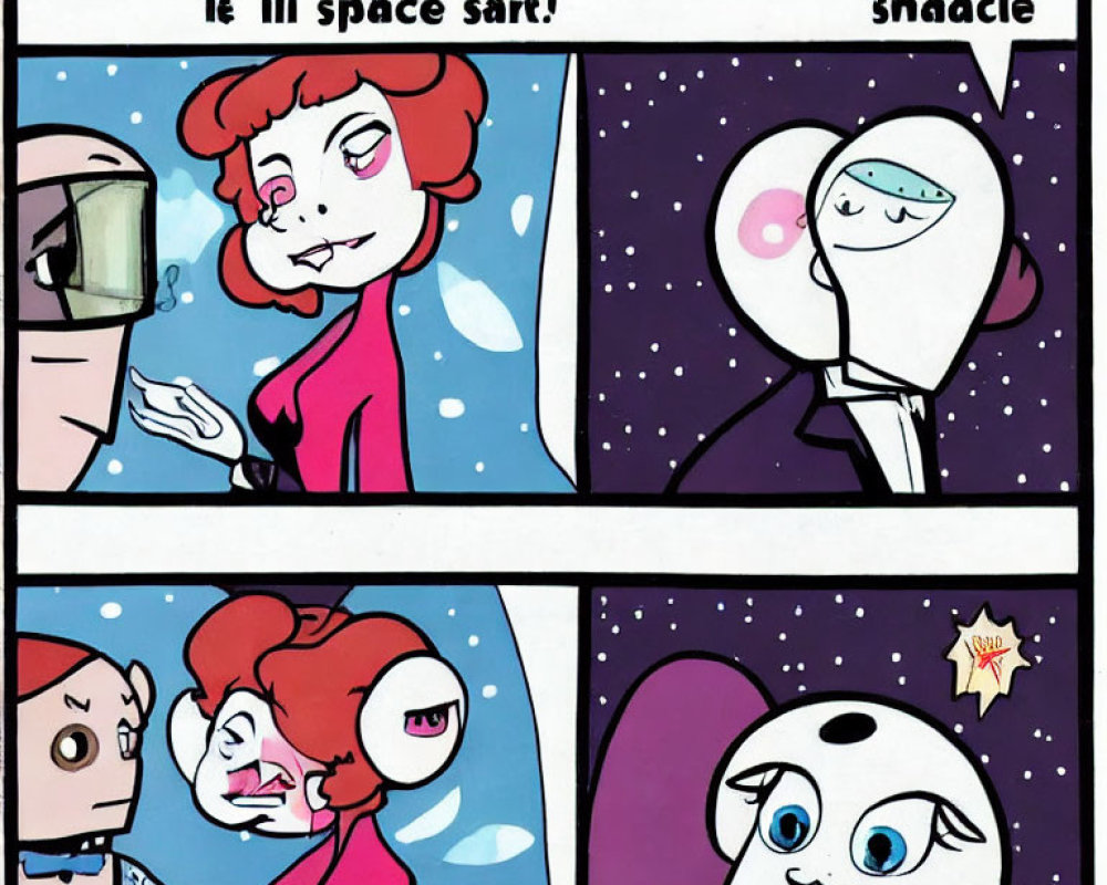 Stylized four-panel comic: Spacesuit character with snack, red-haired character reacts to smiley
