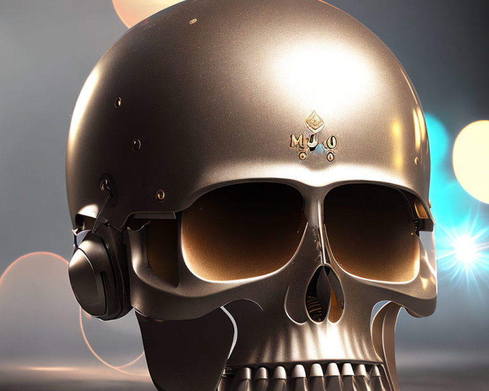 Skull-shaped metallic helmet with ear protection on bokeh lights backdrop
