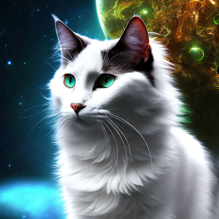 White Cat with Black Ears and Green Eyes in Cosmic Setting