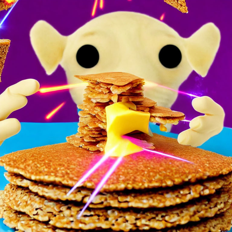 Yellow star-shaped cartoon character stacks pancakes with floating bread slices on purple and blue background
