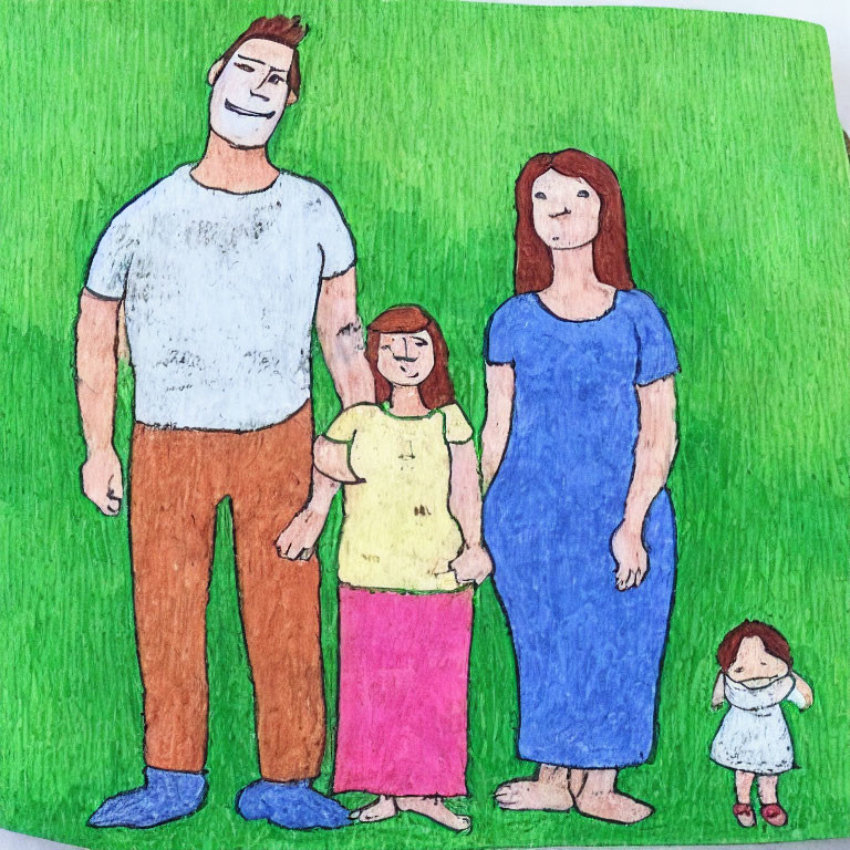 Hand-drawn family of four on green background