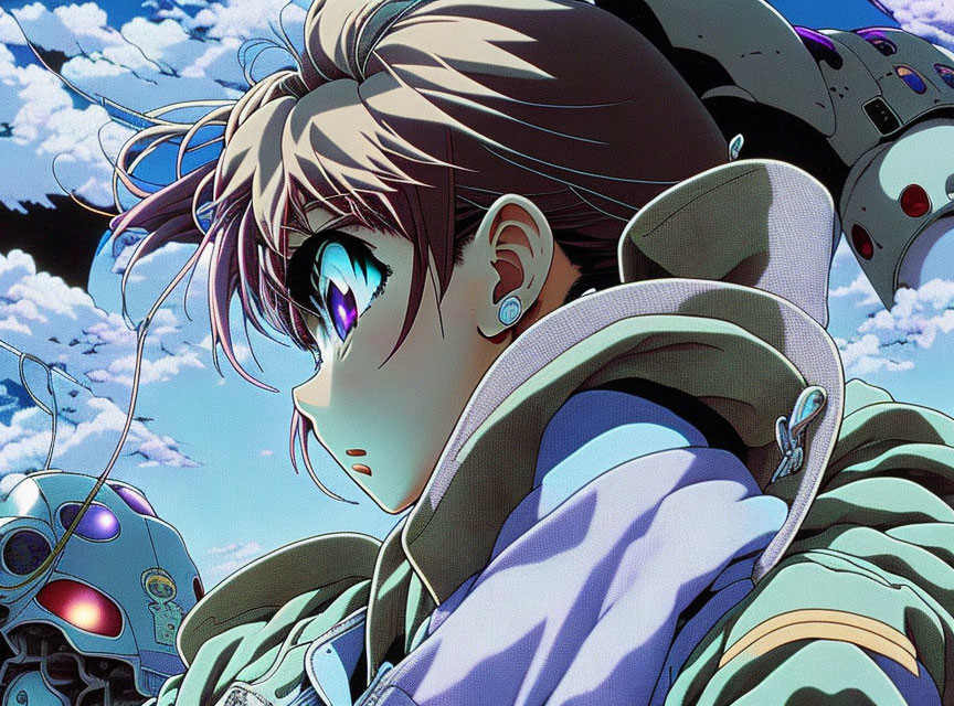 Brown-Haired Anime Character in Blue-Eyed Suit with Mecha in Cloudy Sky