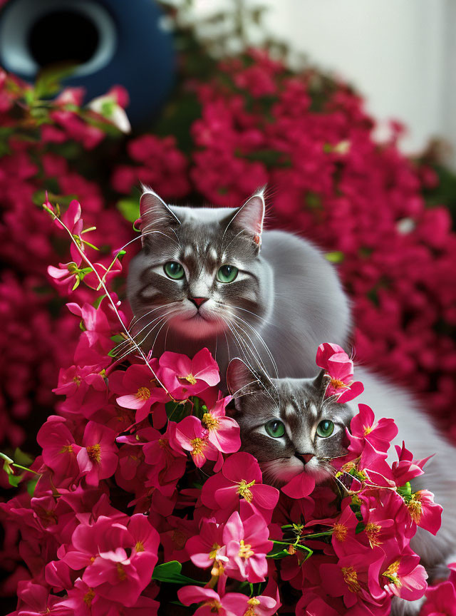 Green-eyed cats amidst pink flowers and vase.