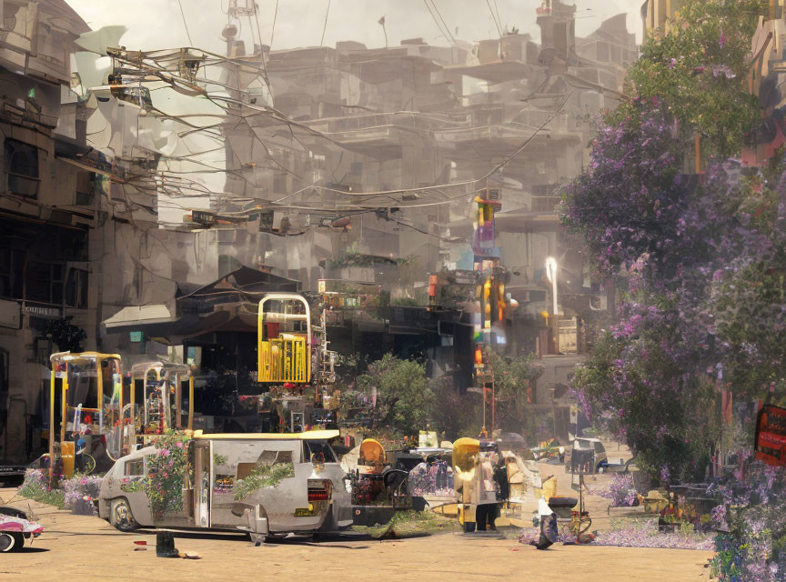 Urban street scene with vehicles, cables, blossoms in post-apocalyptic setting