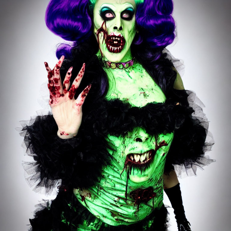 Spooky zombie makeup with green skin and purple hair in two buns