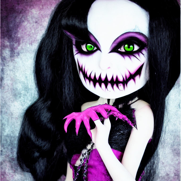 Exaggerated evil doll with sharp teeth, green eyes, and claw-like hands