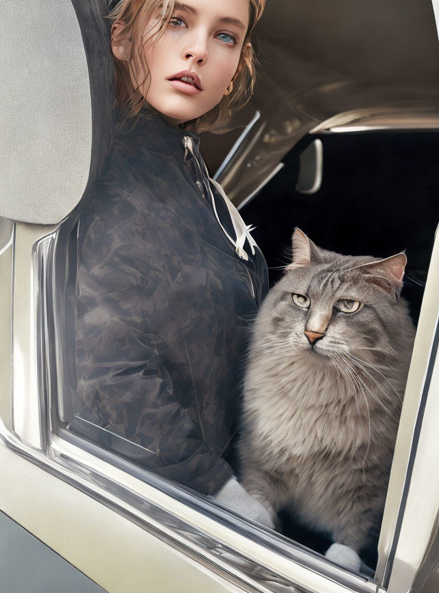 Woman and grey cat in car: woman looking at camera, cat facing forward