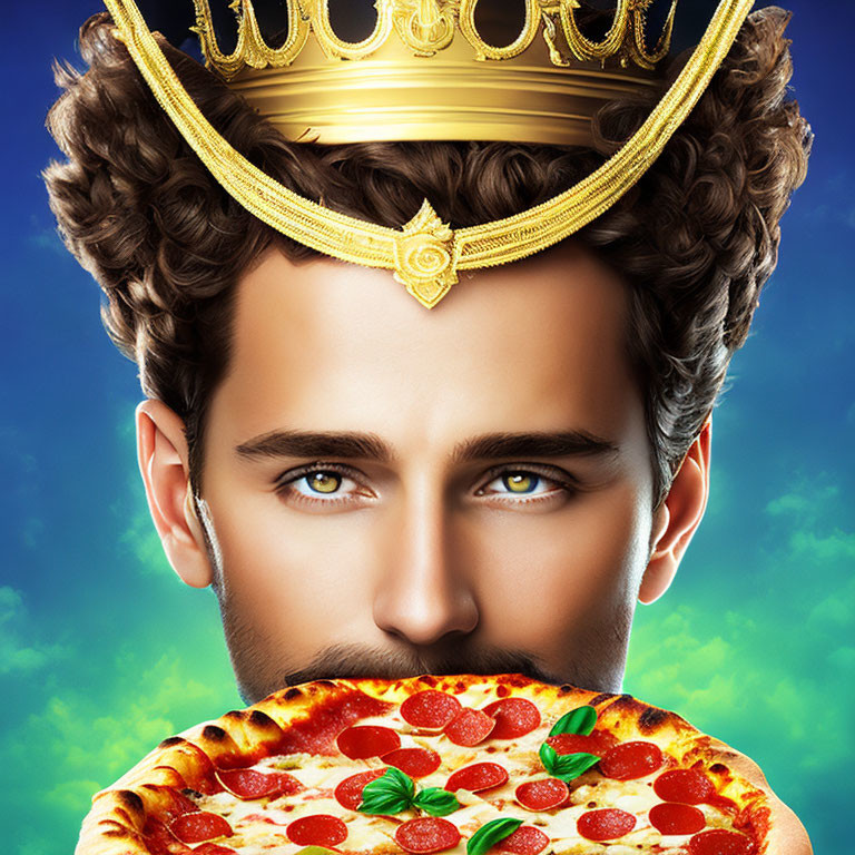Man with Crown on Pepperoni Pizza on Blue Background - Unique Blend of Royalty and Casual Dining