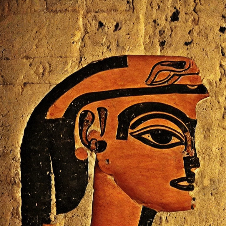 Profile view of person with traditional headdress in Ancient Egyptian wall painting