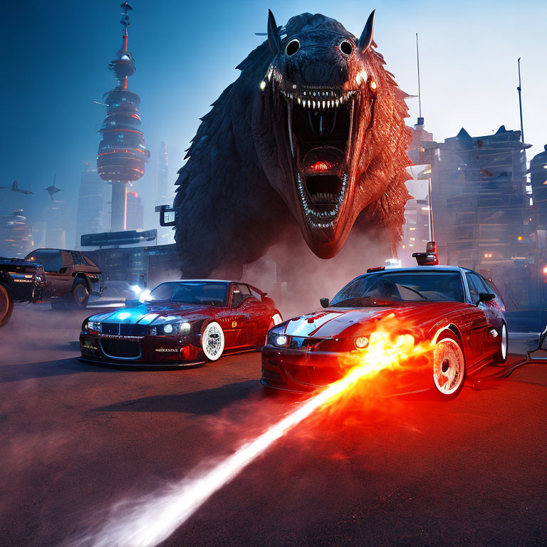 Monstrous creature behind racing cars in neon-lit cityscape