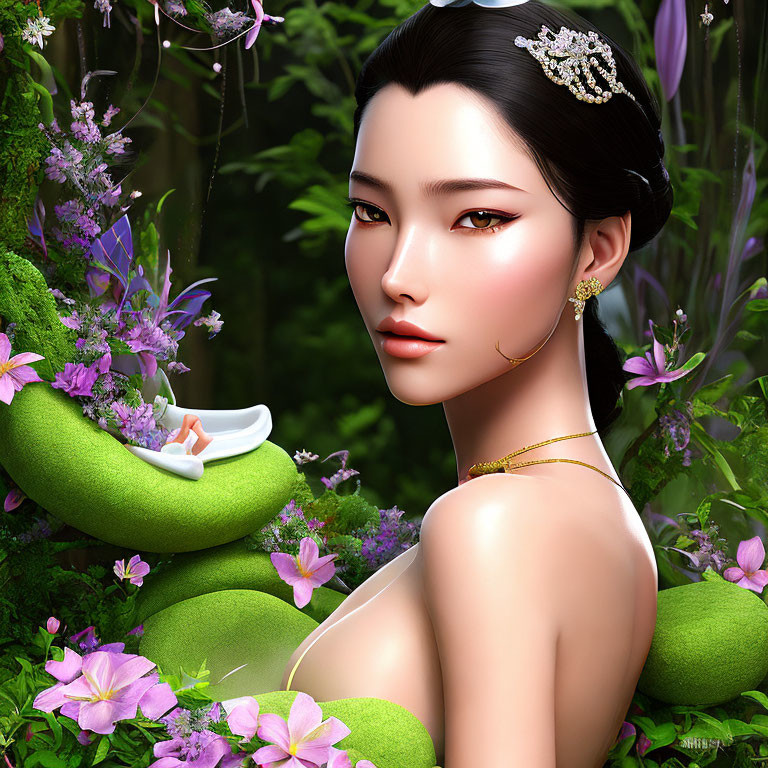 3D-rendered woman with serene expression among pink flowers and snake