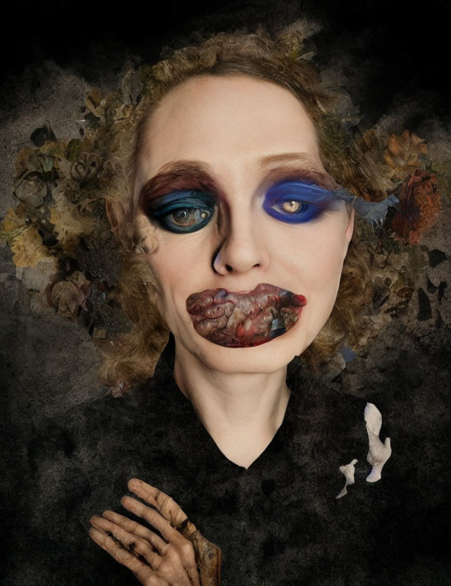 Artistic makeup featuring decay theme, blue eyeshadow, butterflies, and dark backdrop.