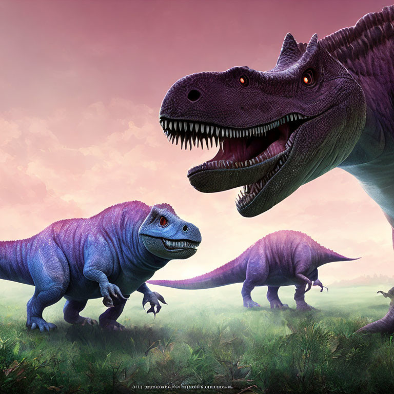 Colorful Dinosaurs in Prehistoric Landscape with Pink Sky