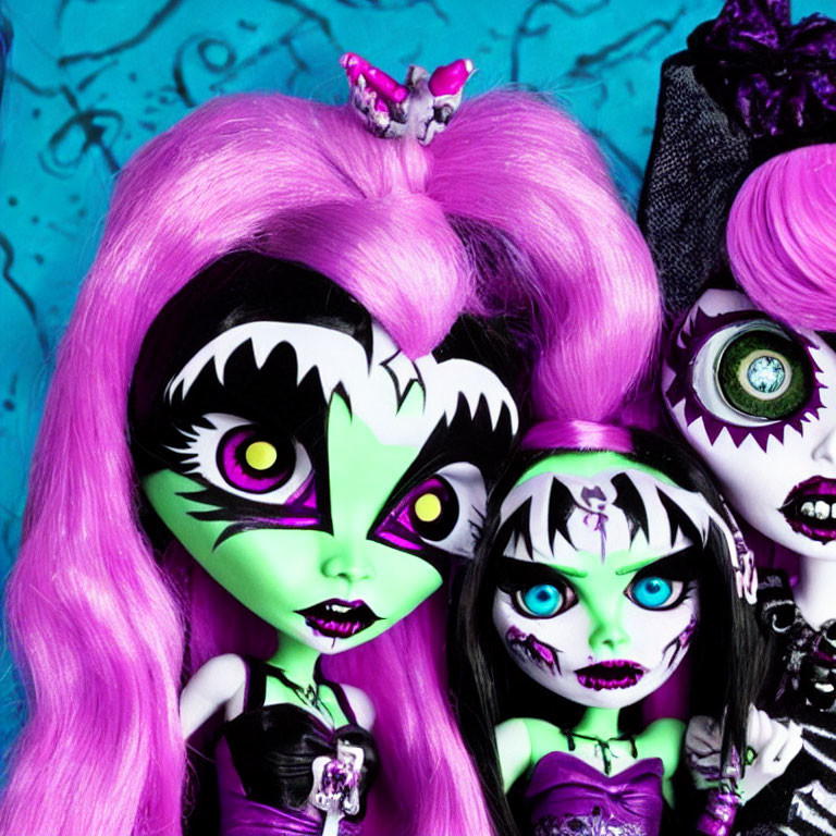 Three colorful Monster High dolls in gothic outfits and makeup on teal background