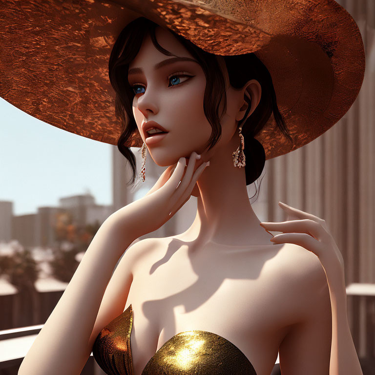 Stylized digital portrait of a woman with blue eyes in wide-brimmed hat and golden dress
