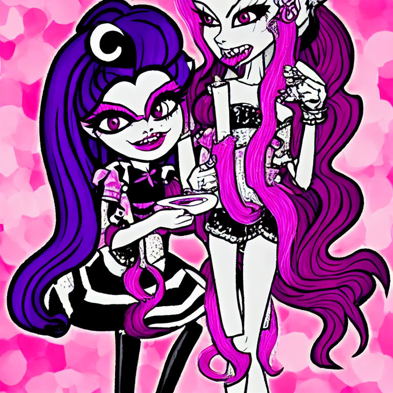 Stylized animated female characters with purple hair in pink outfits against heart-patterned background