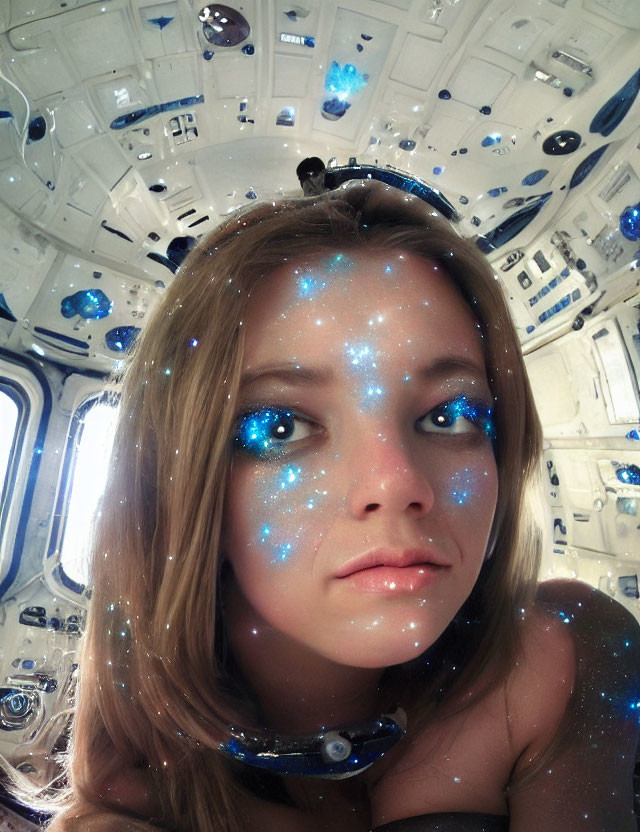 Galaxy-themed makeup in spacecraft with stars and nebulas reflection