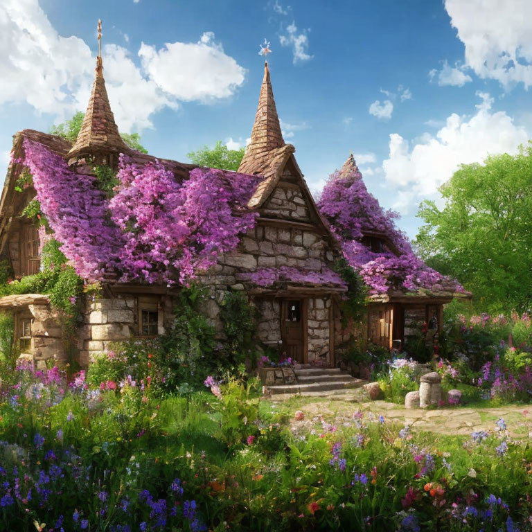 Thatched Roof Cottage Surrounded by Purple Flowers